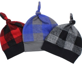 Buffalo Plaid Assorted Top Knot Beanie Baby Hats Red and Black Buffalo Check Blue and Gray Flannel Winter Hat Fall Hat Baby Lumberjack Hat
