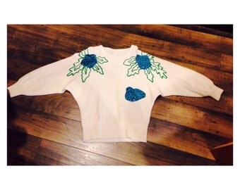 Small 80's sweater with dolam sleeves - embroidered and sequin roses sweater - comfy sweater size Small