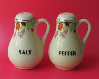 Hall China Pottery CROCUS Range Salt Pepper Shakers Halls Kitchenware Superior LARGE Cork Stoppers floral flowers shaker set True Pair NICE