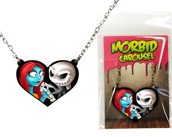 Nightmare Before Christmas Jack and Sally Halloween Heart Necklace