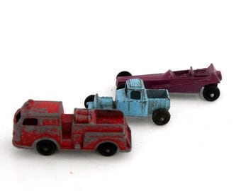 Tootsie Toy Trucks, Die Cast, Wedge Dragster, Pumper, Blue Hot Rod Truck, Vintage Lot of 3