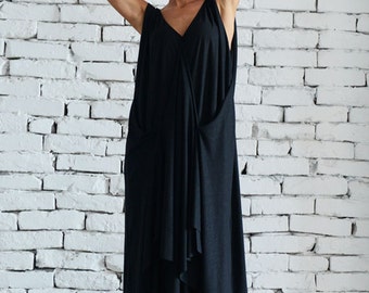 Loose Maxi Black Dress / Oversize Draped Maxi Dress / Casual Asymmetric Dress / Long Black Summer Dress by METAMORPHOZA