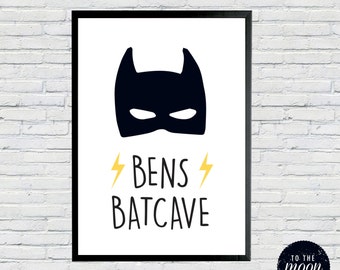 Personalised Custom Name Print Batman, Batcave, Superhero Theme, Mono, Printable, Instant Download (Printed see Print my Order Listing)