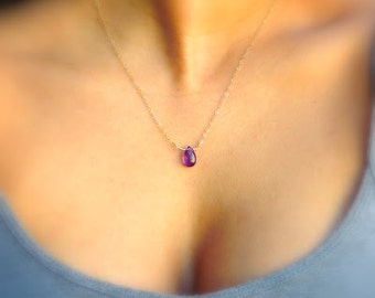 Amethyst Necklace - Genuine Amethyst - Minimalist Gemstone Necklace - Floating Crystal Jewelry - February Birthstone Dainty Gold Necklace