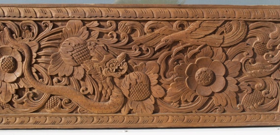 Balinese Two Teak Wood Wall Décor Panels with Floral and Bird