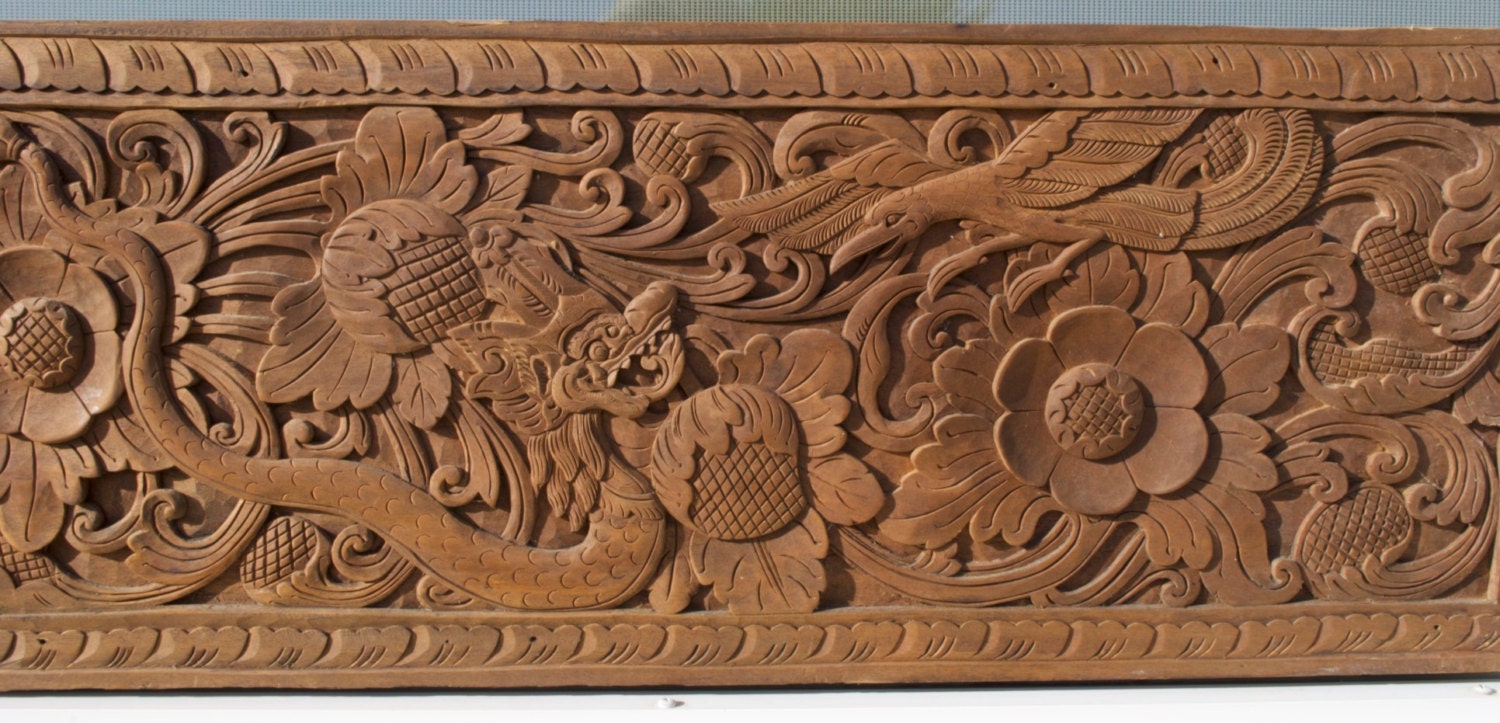 Balinese Two Teak Wood Wall Décor Panels with Floral and Bird