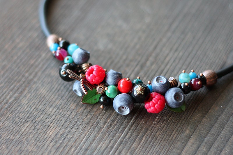 Handmade Berry necklace Polymer clay Blueberry and
