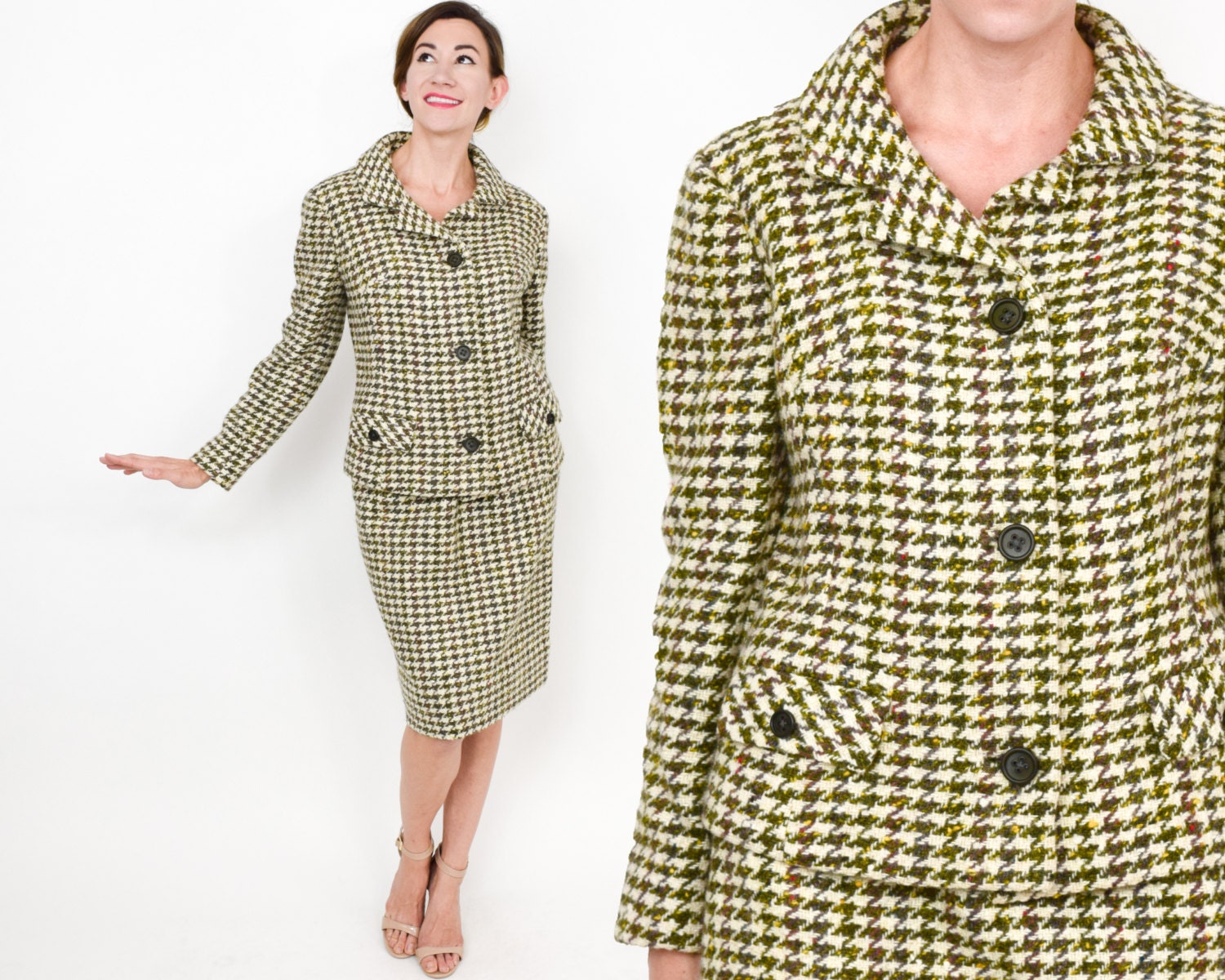 60s Olive Green Houndstooth Wool Suit Green Irish Tweed