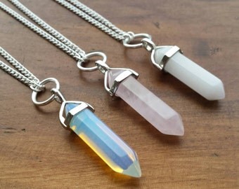 Hoop Crystal Necklace Rose Quartz White Quartz and Opalite Hexagon Point Pendant Necklace on Silver Chain