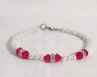 July birthstone bracelet, ruby birthstone bracelet, red bracelet, swarovski crystal bracelet, red beaded bracelet, pearl bracelet