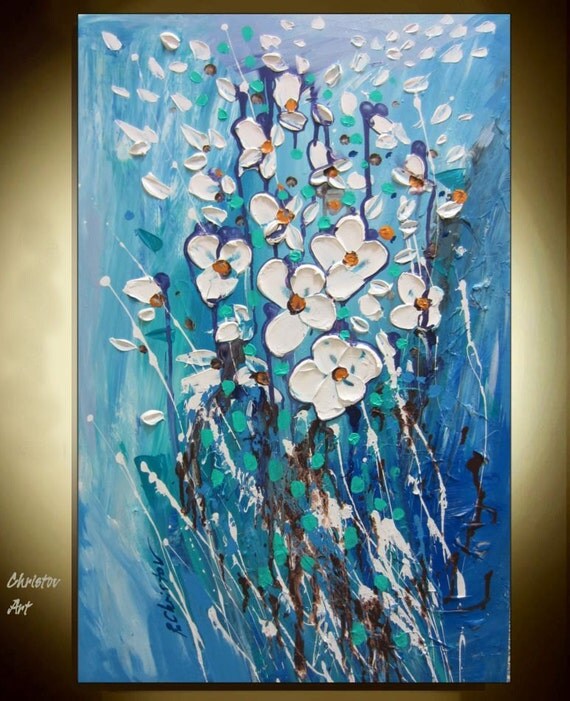 Art Blue And White Flower Painting Textured Flower Art Blue