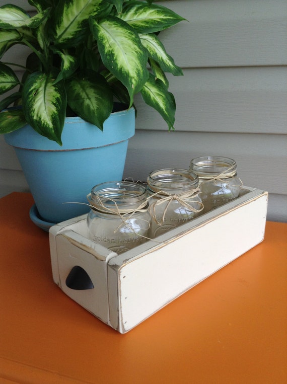 Distressed Wooden Box with 3 Mason Jars