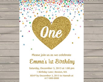 Gold 1st Birthday Invitation Girl, Any Age Confetti Gold Heart Girl First Birthday Invitation, Printable Digital JPEG P