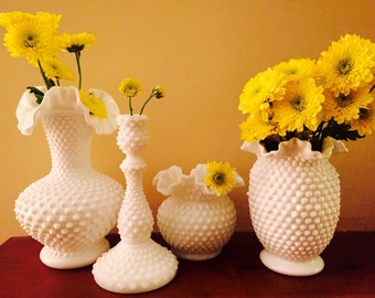 Gorgeous Collection of Vintage Fenton Hobnail Milk Glass, Three Different Flower Vases and a Tall Candlestick.