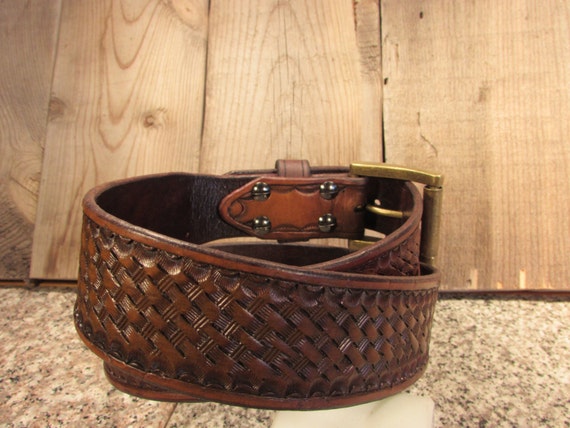 1.75 Wide Hand Tooled Basketweave Leather Belt