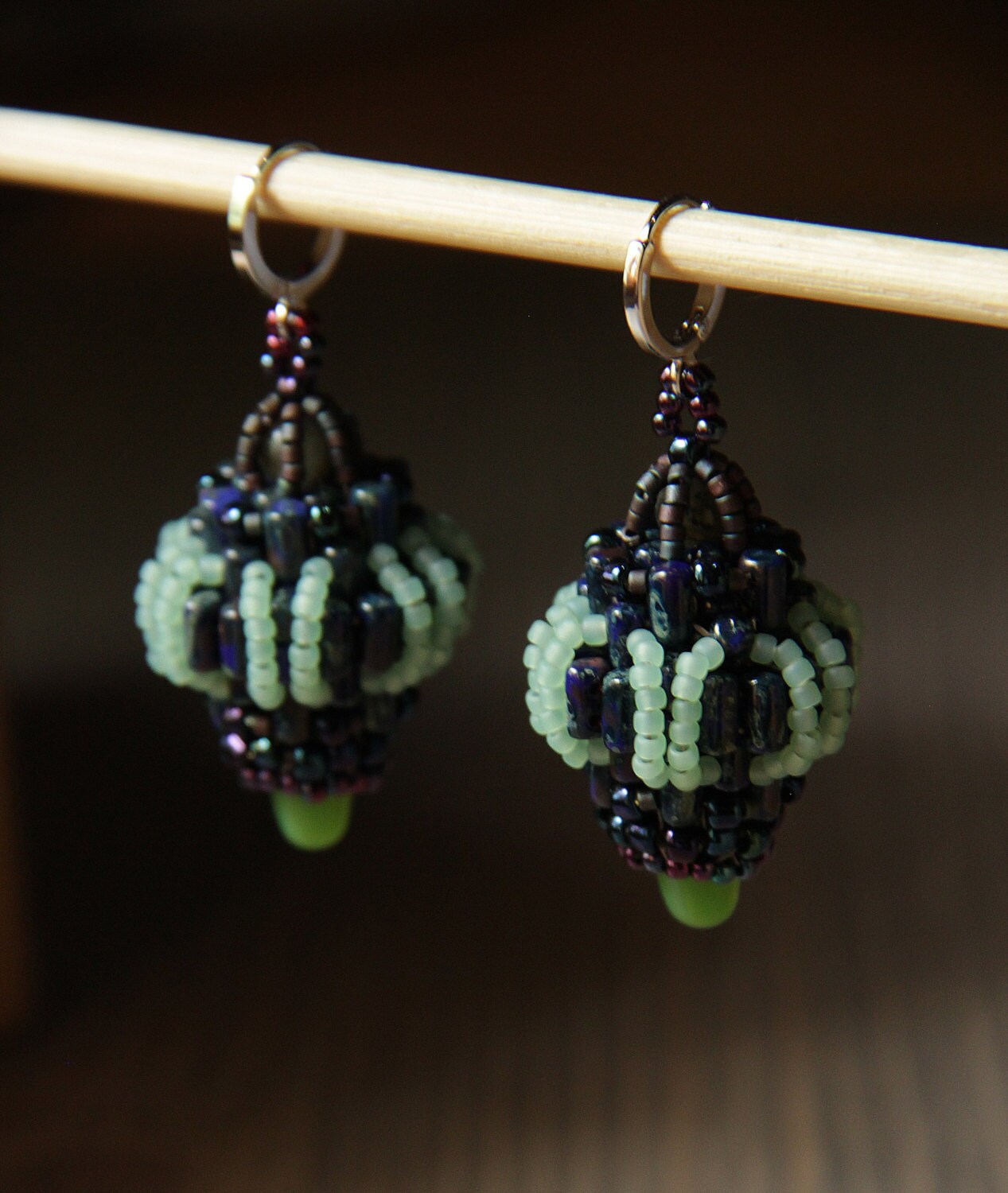 Beaded earrings bead weaved blue earrings seed bead woven