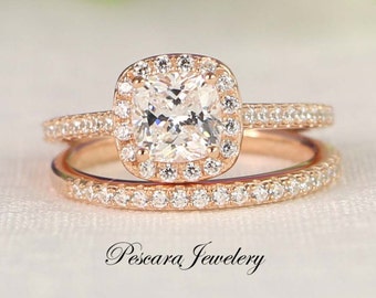 1.57 ct.tw Rose Gold Cushion Cut Engagement Ring Set - Cushion Cut Ring - Engagement Ring - Halo Ring - Rose Gold Ring - Sterling Silver