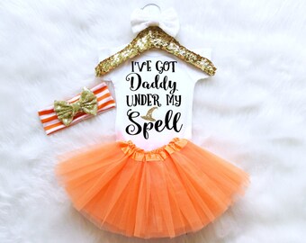 I've Got Daddy Under My Spell Halloween Baby Girl Outfit. Witche's Hat Halloween Outfit. Halloween Tutu. Toddler Girl Halloween Costume.