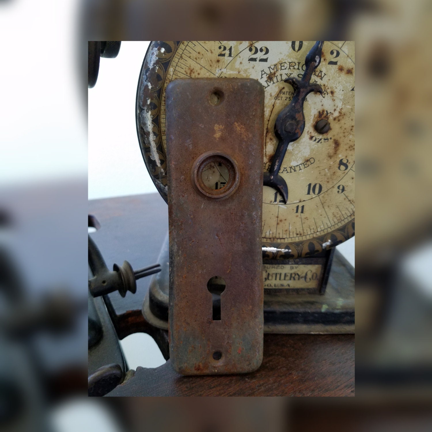 Vintage Rustic Door Knob Plate with Skeleton Key hole. Rustic