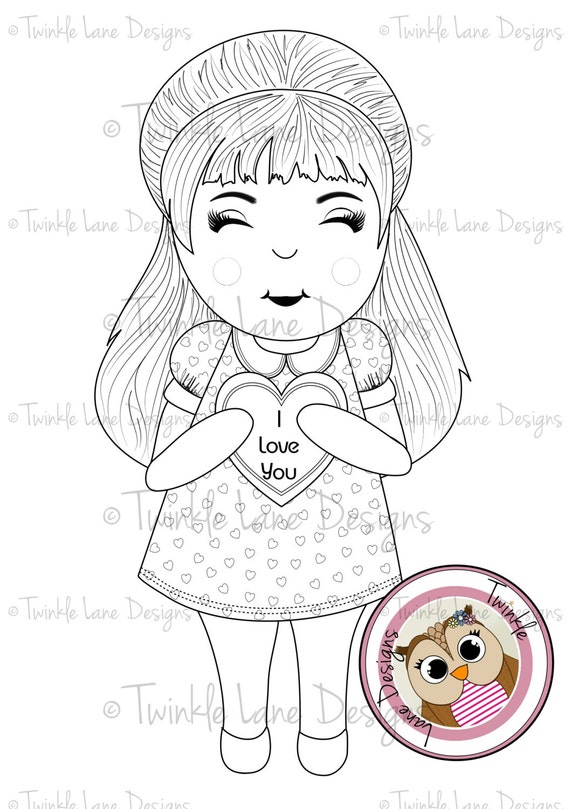 I Love You Girl Digi Stamps for Valentine's Day or Anniversary, Girl holding I Love You Heart,  Printable Digital Stamp, Instant Download