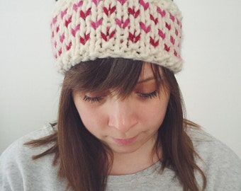 Knit Winter Headband Earwarmer Fair Isle Red Pink Valentine Hearts Chunky | THE SWEETHEART | Made to Order
