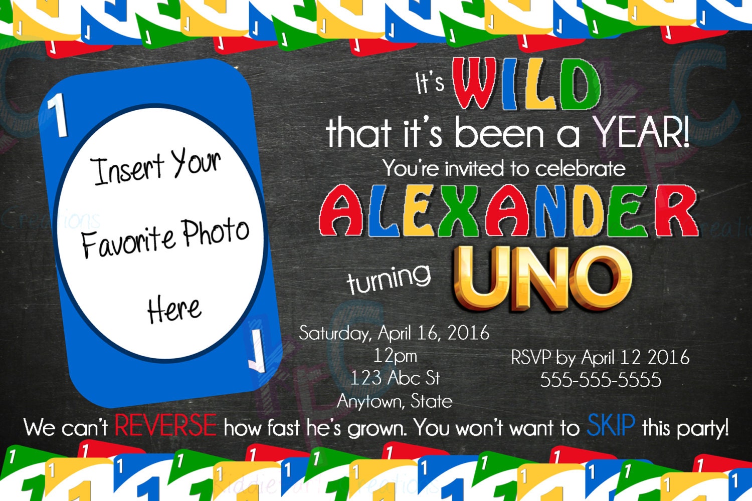 1st birthday uno card 4x6 printable by kiddiepartycreations