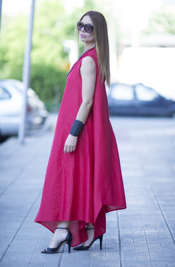 Womens Plus size Dress Ruby Red Kaftan Linen Dress with one