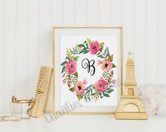 Monogram Letter 'B' Floral Wreath Artwork Printable 8x10