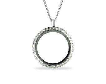 30mm Stainless Steel Twist Floating Locket W/Crystal Face Comes W/Sterling Silver Chain. ~Comes with 5 Floating Charms of Your Choice~