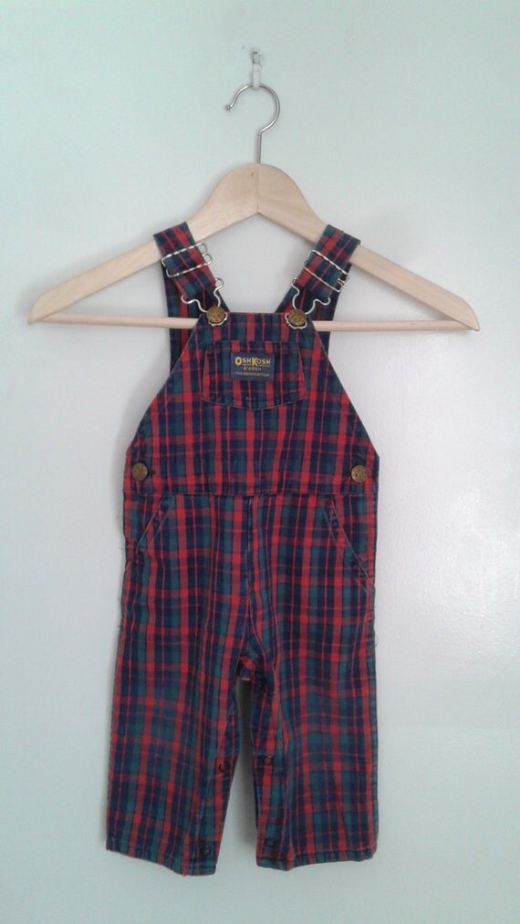 Vintage 1980's Babies' Oshkosh Red Navy Tartan Plaid Denim Overalls Sz 18 Mo Classic