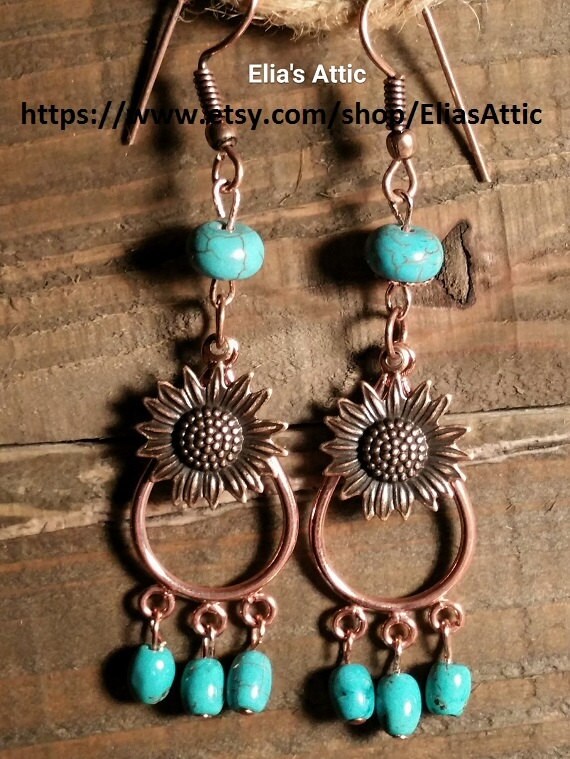 Items similar to Sunflower Earrings, Copper Earrings, Chandelier