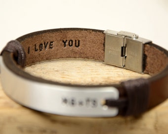 FAST SHIPPING, Mens Gift, Leather Bracelet, Leather Men's Bracelet, Brown Leather, Personalize Bracelet, Hidden Message Men's, Hand Stamped