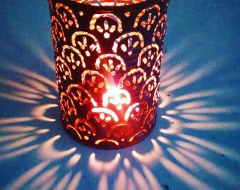 Luminaries, lanterns, metal candle holder, welded art. Tin can lantern. Recycled art. Tin anniversary gift, tin, STRAIGHT SCALLOP PATTERN