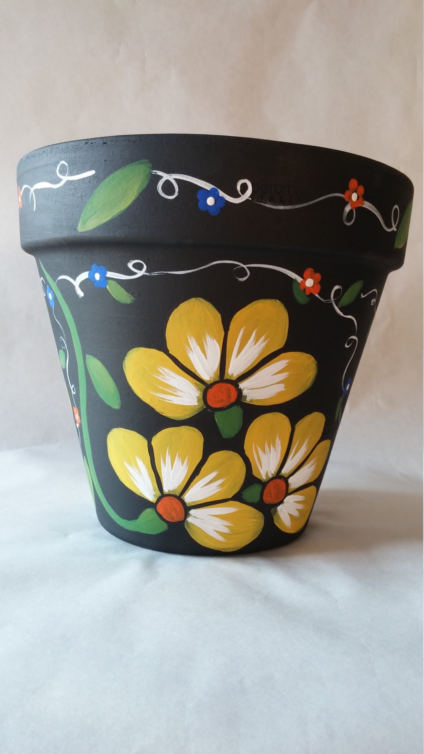 Clay pot hand painted pot painted flower pot yellow flower
