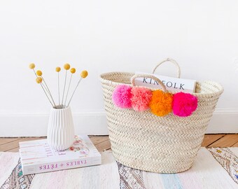 Pom Pom Basket, Beach Bag, Nursery Storage, Woven Natural Straw Basket, Market Straw Tote, Toy Storage, Kids Decor, Storage, Market Bag