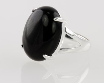Black Onyx Oval Ring, Adjustable Size, Sterling Silver Base, Semi Precious Stone, Statement Ring