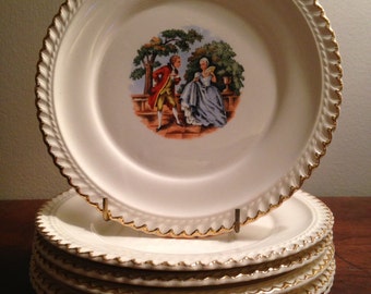 Barker Pottery Co. China Dessert Plates - Set of 6 / 22 Karat Gold Bread Plates / Aristocrats on Ivory Background with Gold Edges