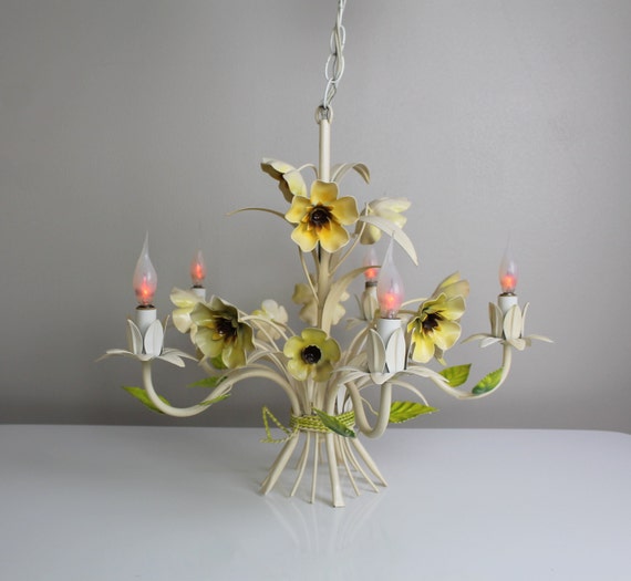 Vintage italian tole chandelier vase with flowers and leaves