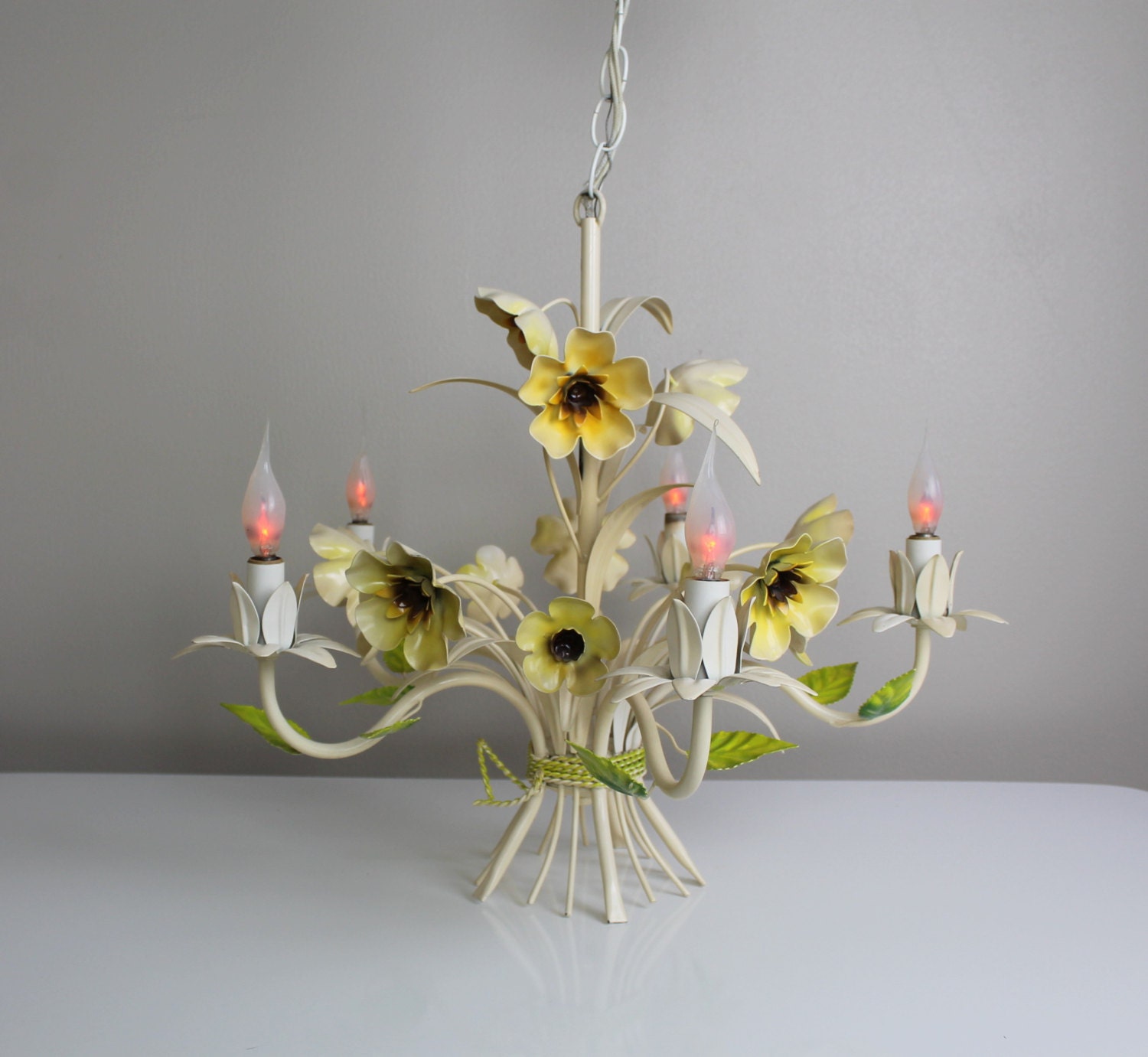 Vintage italian tole chandelier vase with flowers and leaves