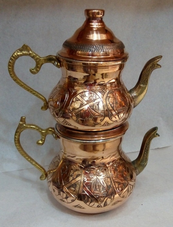 2 Copper Gold Tea Kettle. Tea infuser. Traditional Turkish tea