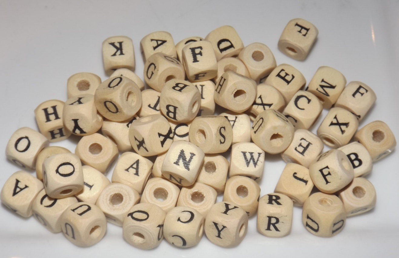 Alphabet Wood Beads Mixed Letters Natural Black letter