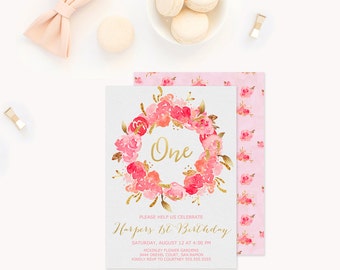Floral 1st Birthday Invitation, Garden Party Invitation, Girls Pink and Gold Birthday Invitation, Flower Shabby Chic Birthday Invitation