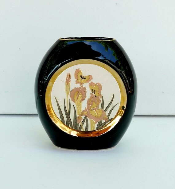 Japan The Art of Chokin Small Black Porcelain Vase 24K Gold