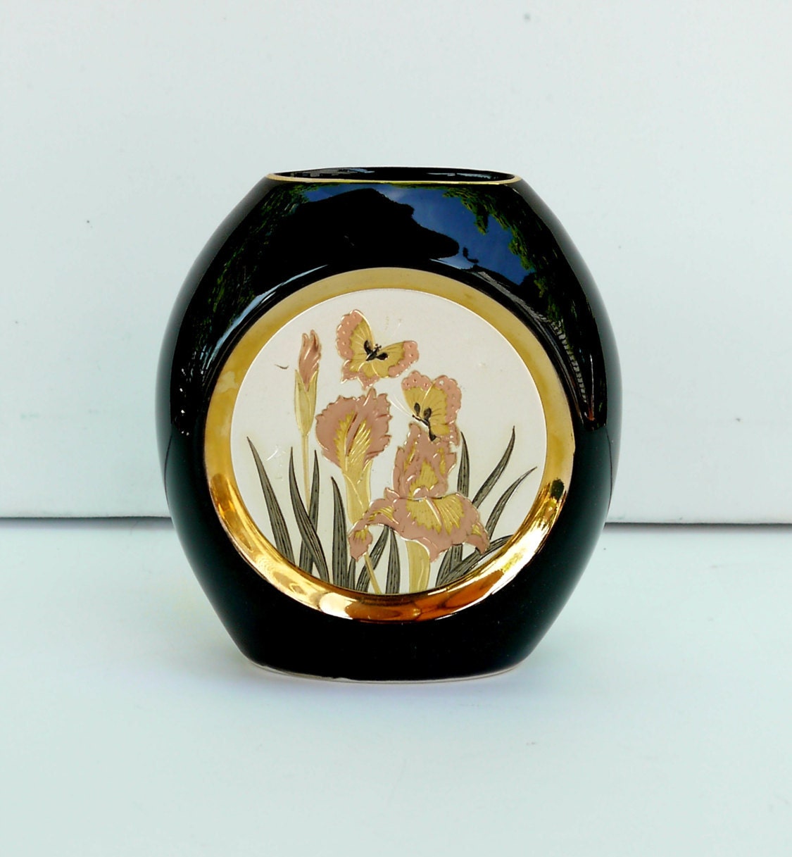 Japan The Art of Chokin Small Black Porcelain Vase 24K Gold