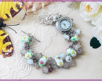 Woman wrist watch jewelry Woman bracelet watch Flower watch white Gift for women's day Girl bracelet pink Fashion watch floral Bead watches
