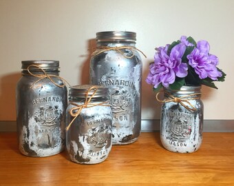 Mason Jar Kitchen Canister Set, Gift Wrapped, Silver with Flower Vase & Tray - Rustic Farmhouse Storage, Housewarming/Wedding Gift