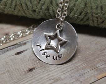 Hamilton inspired "rise up" hand stamped necklace with star charm.