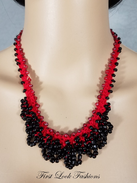 Red and Black Necklace Crochet Accessory by FirstLookWeddingShop