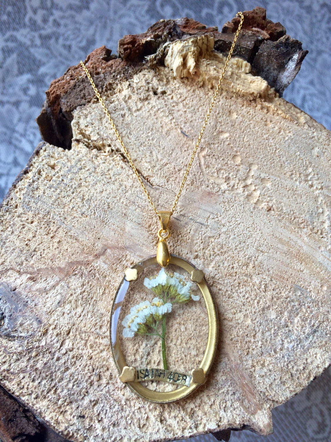 Real Pressed Flower Brass Necklace Pendant White Yarrow