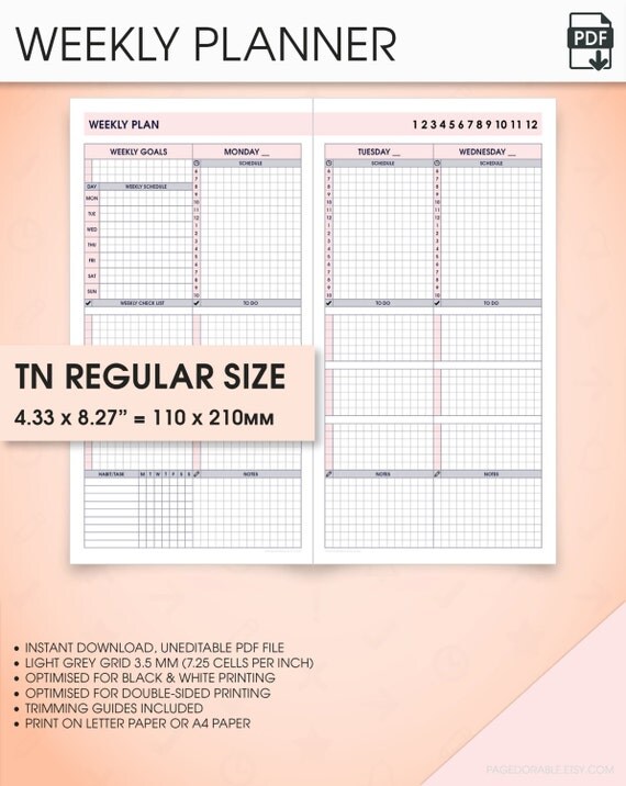 Weekly planner travelers notebook inserts printable by Pagedorable